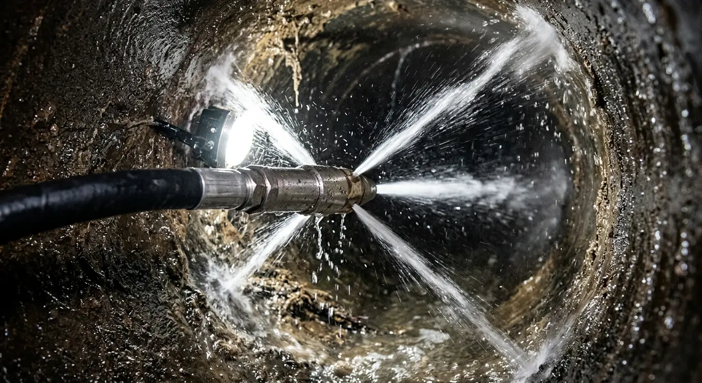 High-pressure hydro jetting nozzle cleaning sewer pipe for Emergency Drain Service in Ledyard