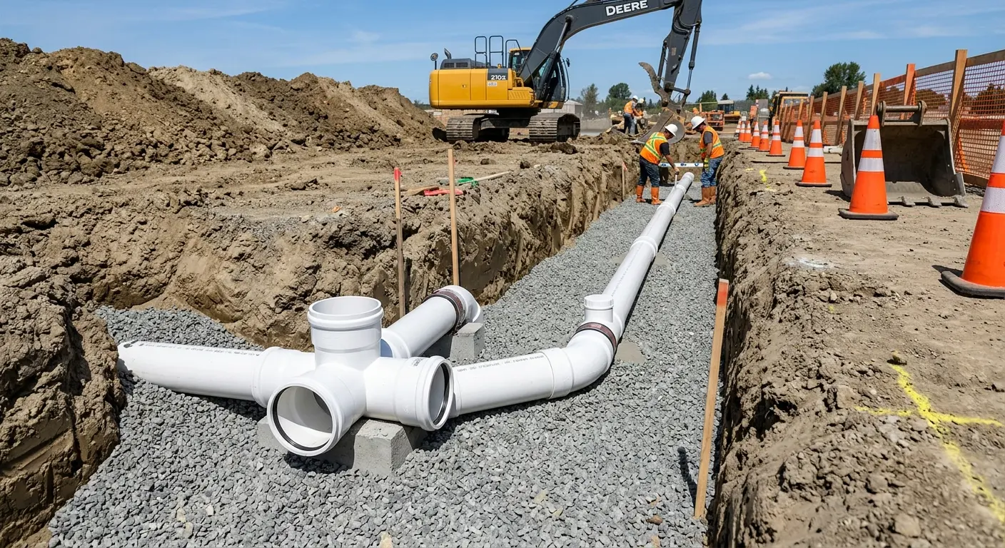 New PVC sewer pipe installation in open trench for Sewer Backup in Ledyard