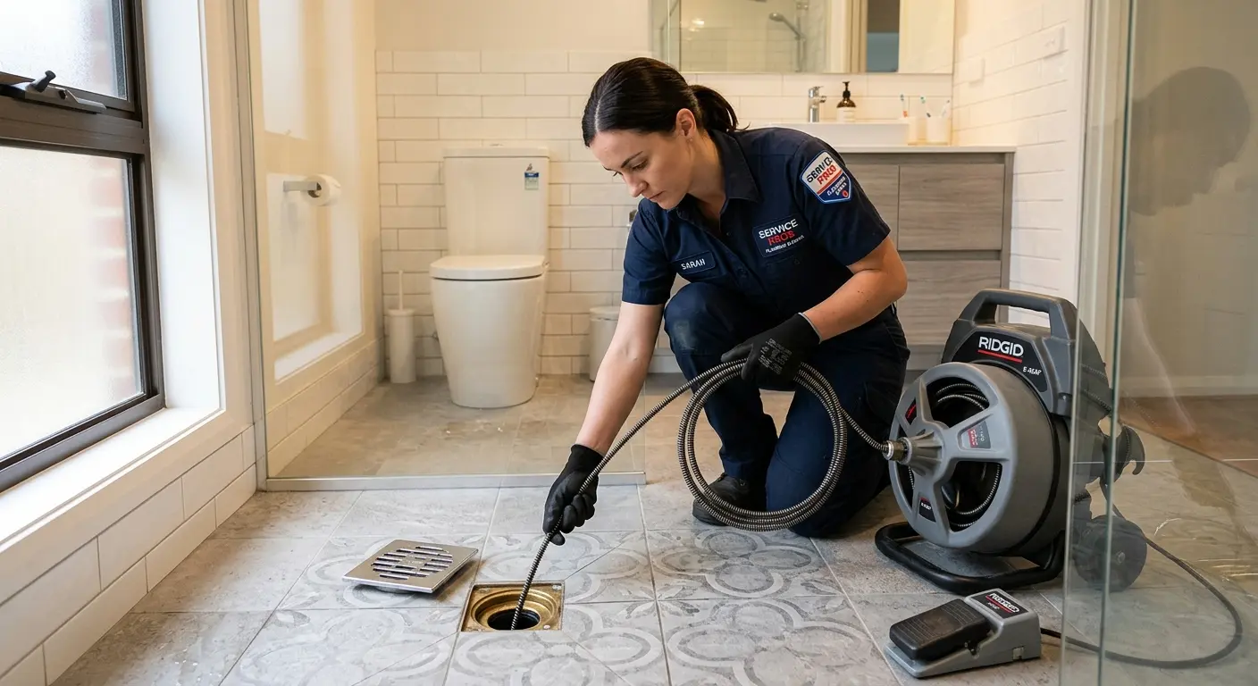 Technician clearing a bathroom floor drain for Drain Cleaning in Ledyard